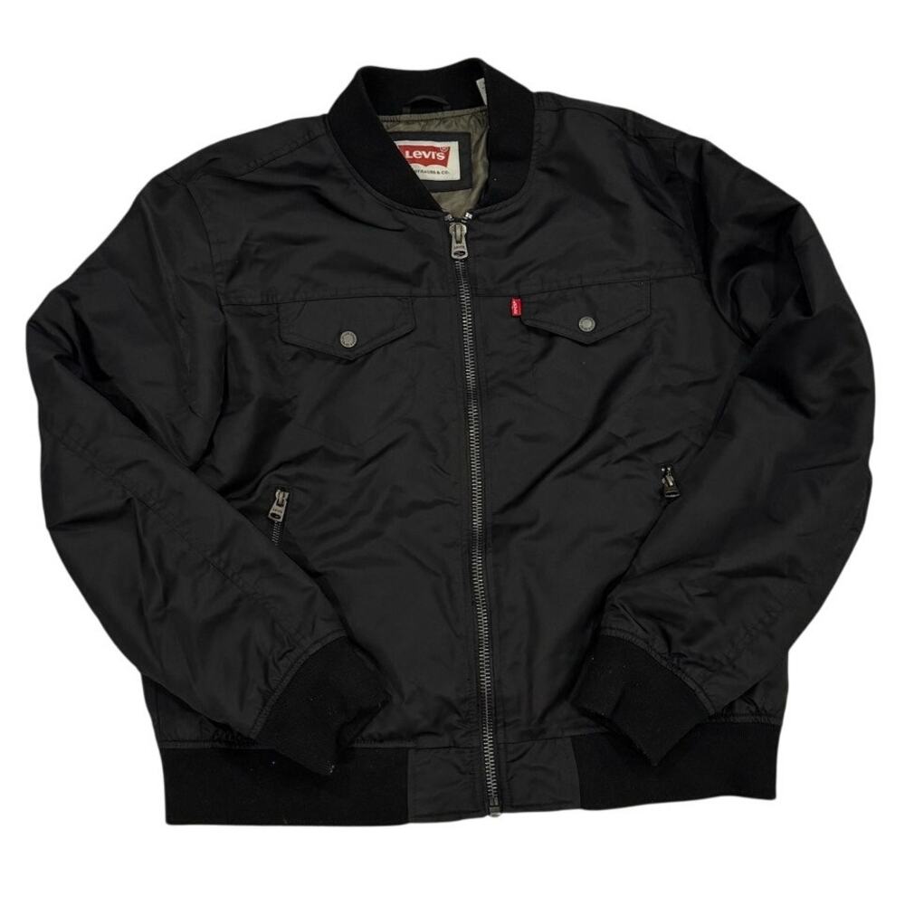 Levi's Mens XL Black Full Zip Bomber Jacket Nylon Lined Ribbed Collar EUC